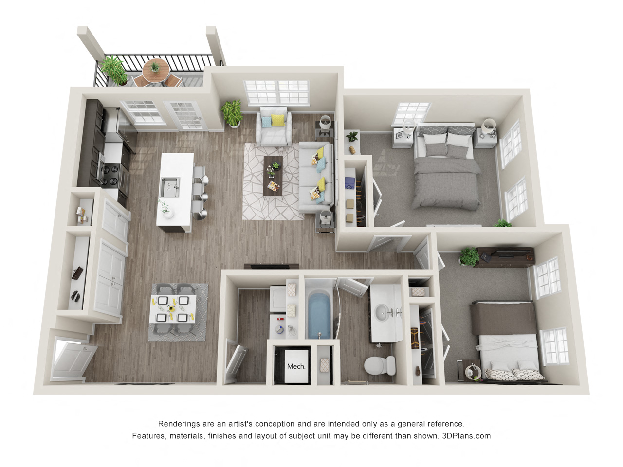 Floor plan for 2 beds, 1 bath, 1006 sqft